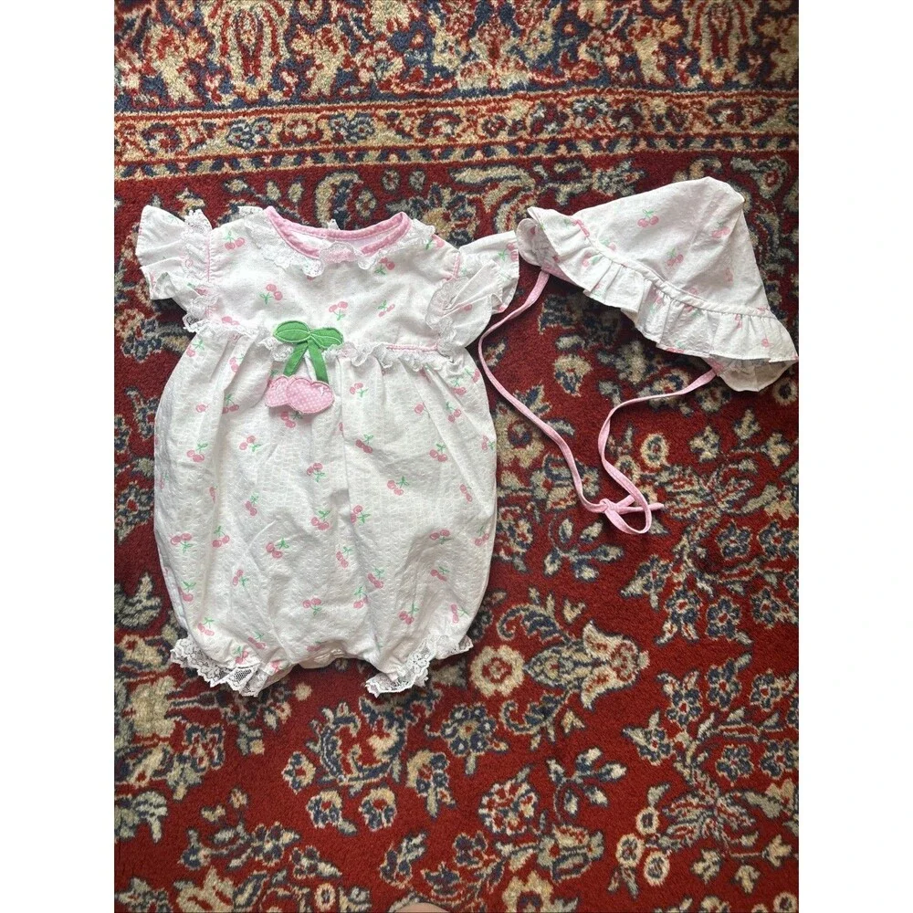 Vintage 90s Mayfair Pastel Pink Cherry Baby Romper and Bonnet 3 Months